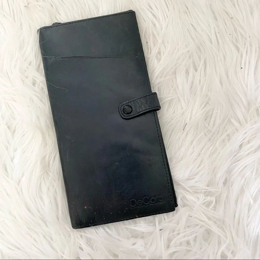 DeCoro Black Leather Foldover Snap Passport Travel Wallet
